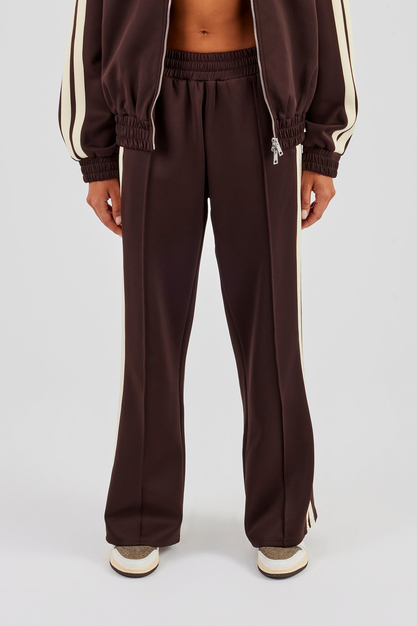 Wide Leg Track Pant With Butter Yellow Taping - Chocolate